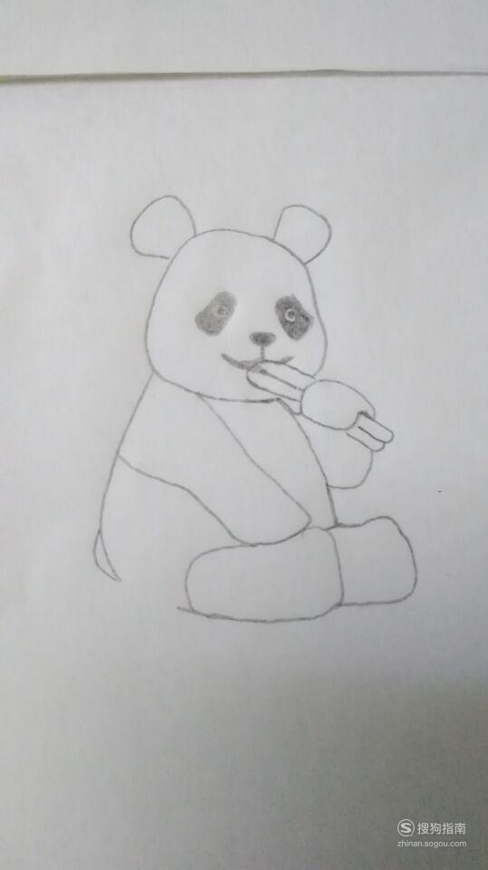 再画几株小草07在熊猫的前边再画一些竹叶,苹果什么的08最后把熊猫的