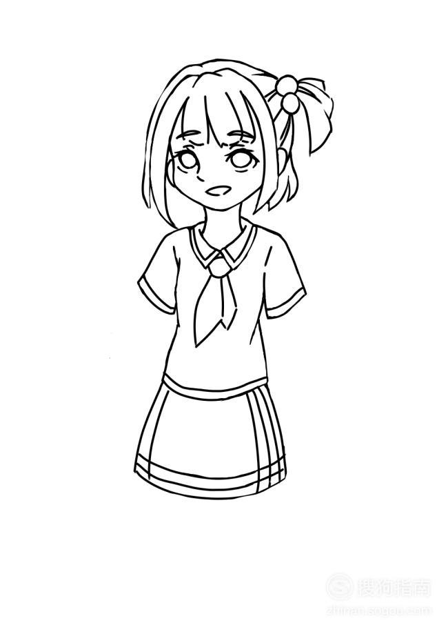 画好校服的上装后,还要在其下画出一件校服裙子的轮廓,并在轮廓内画