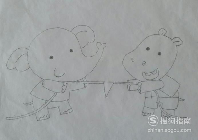 如何画大象和河马拔河的简笔画