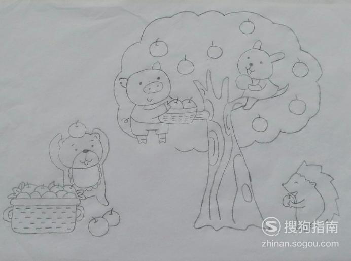 如何画摘苹果的小动物们的简笔画