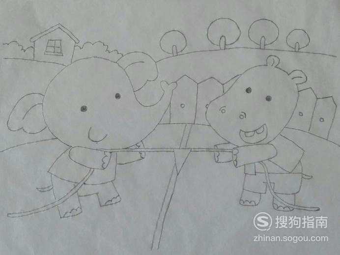 如何画大象和河马拔河的简笔画