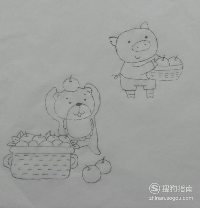 如何画摘苹果的小动物们的简笔画