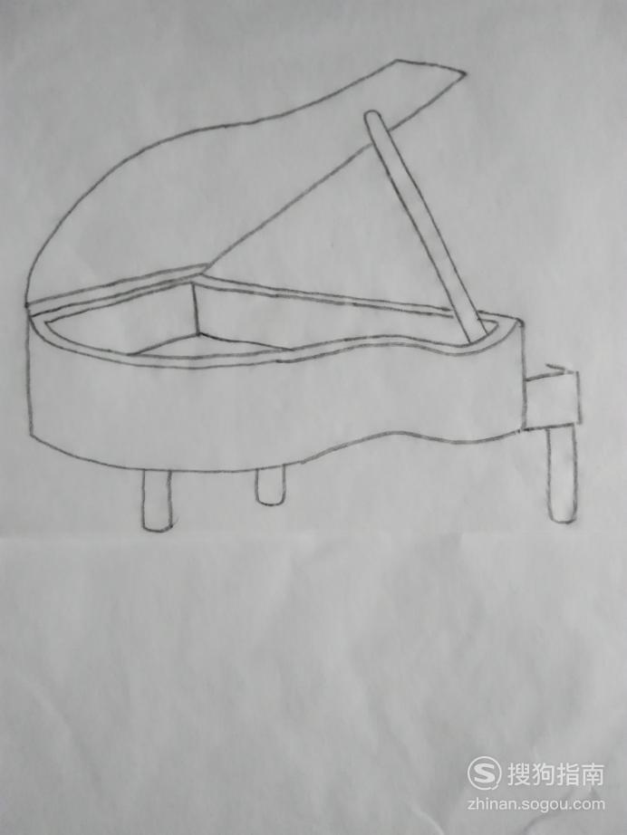 接着画出钢琴的三条腿,并把前面琴键的轮廓画出一部分,如图所示:04再