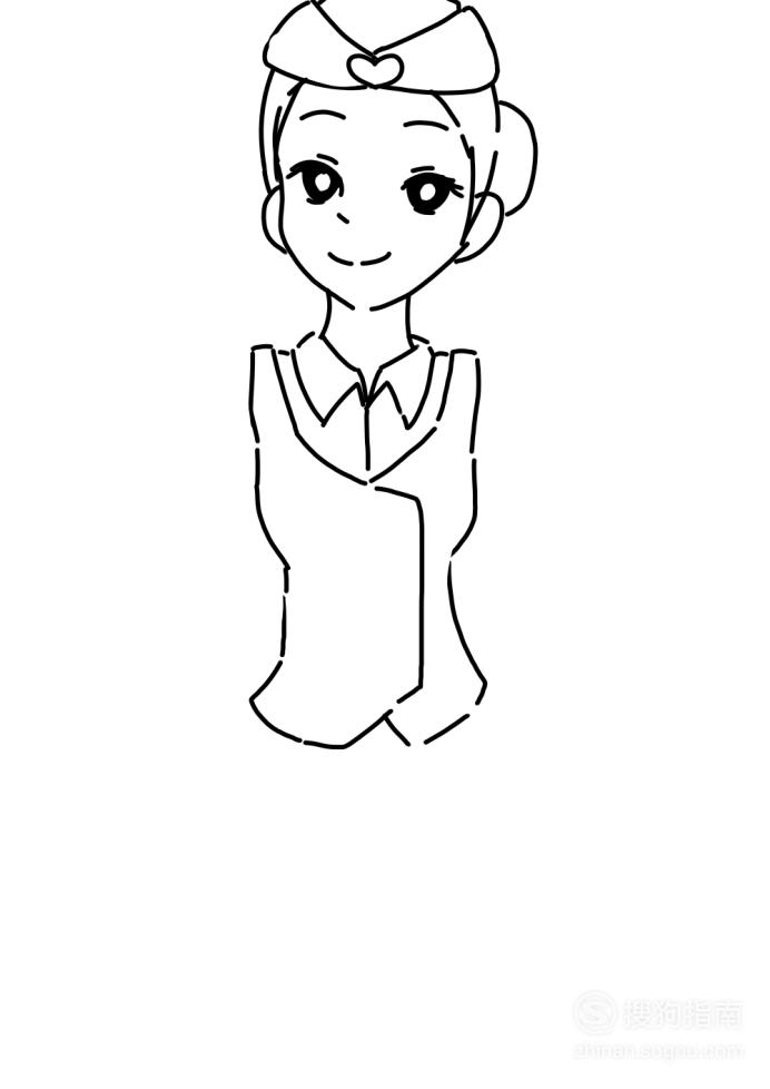 如图所示:04然后,我们还要在空姐的脸部轮廓内,画出她微笑的表情,如图